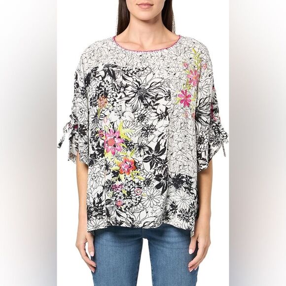 Tru Luxe Womens Embroidered Blouse Top Size M Floral Tie Sleeve Boxy White NWT - Picture 2 of 16